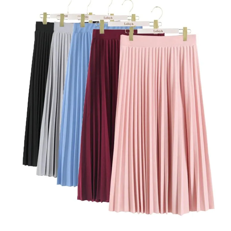 New Fashion Women's High Waist Pleated Solid Color Half Length Elastic Skirt Promotions Lady Black Pink  Amaijoin