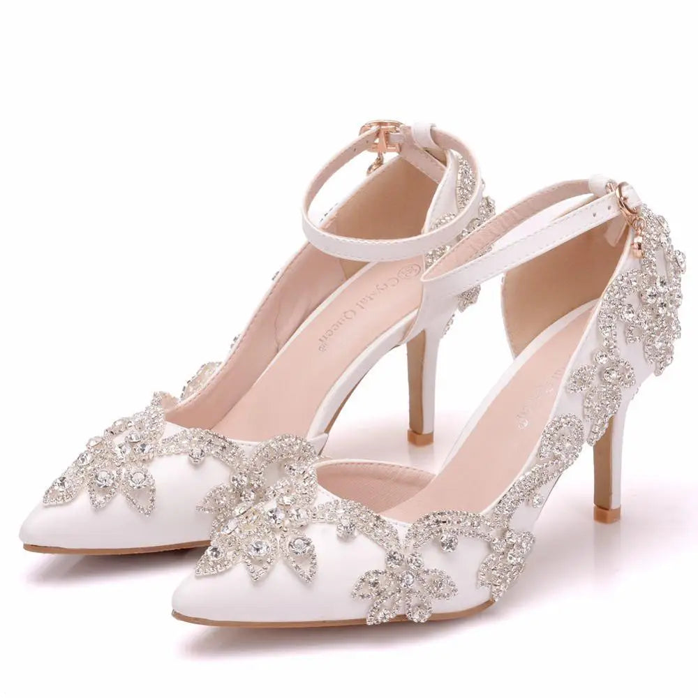 Women Bride Shoes High Heels Wedding Thin Heels White Diamond Glittering Evening Dress Shoe Luxury Crystal Pumps For Party  Amaijoin