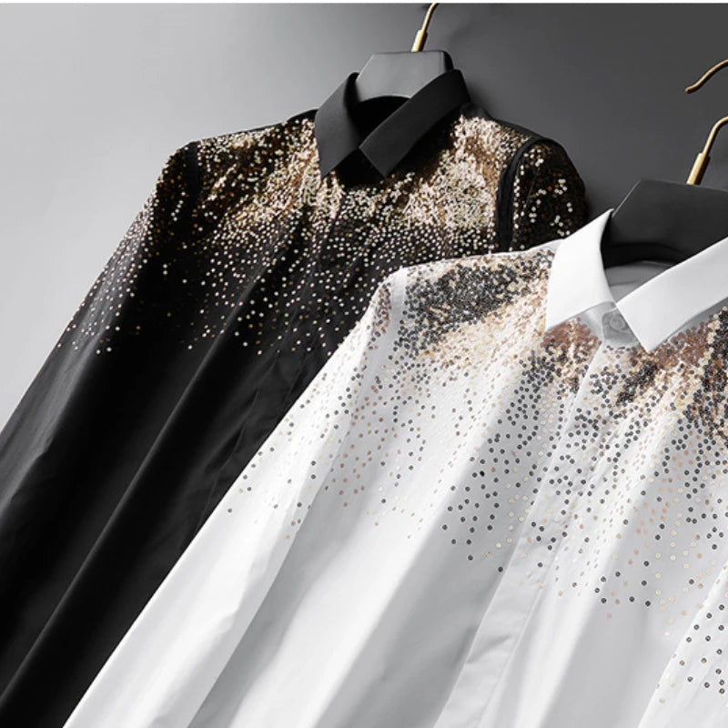 Luxury Golden Sequin Embroidery Shirts Men Long Sleeve Slim Business Formal Dress Shirts Casual Social Party Banquet Tuxedo  Amaijoin