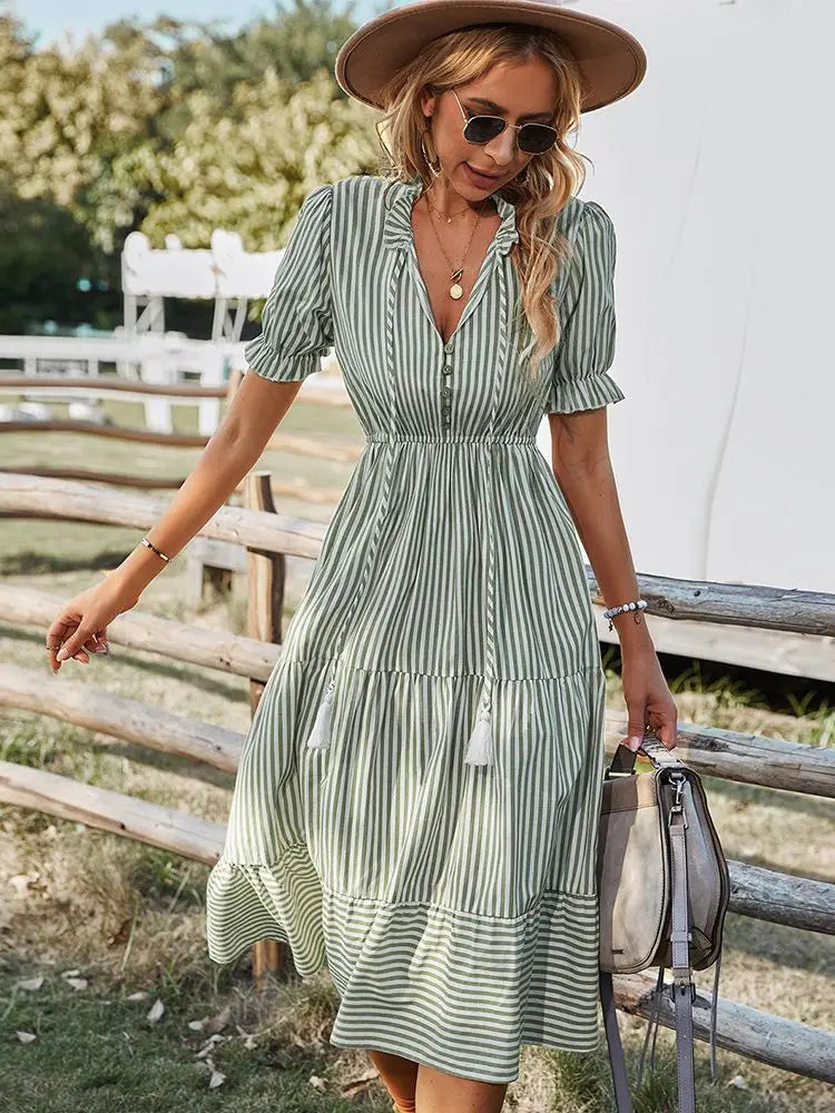 Women Elegant Striped Lantern Sleeve Summer Dress Causal V-neck Button Ruffles Midi Dress 2023 Women Beach Holiday Party Dress  Amaijoin