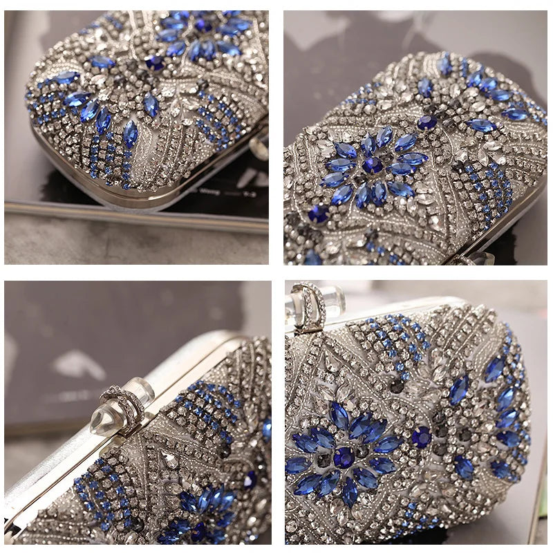 Women Clutch Party Luxury Blue Evening Bag Wedding Purse Crystal Chain Shoulder Bag High Quality Rhinestone Female Clutch  Amaijoin