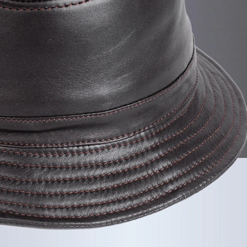 NEW RY995 Man Real Leather Fitted Flat Bucket Hats Male Outdoor Potted Short Brim Black/Brown Hip Pop Gorras Elderly Fishing Cap  Amaijoin