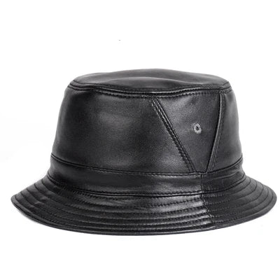 NEW RY995 Man Real Leather Fitted Flat Bucket Hats Male Outdoor Potted Short Brim Black/Brown Hip Pop Gorras Elderly Fishing Cap  Amaijoin