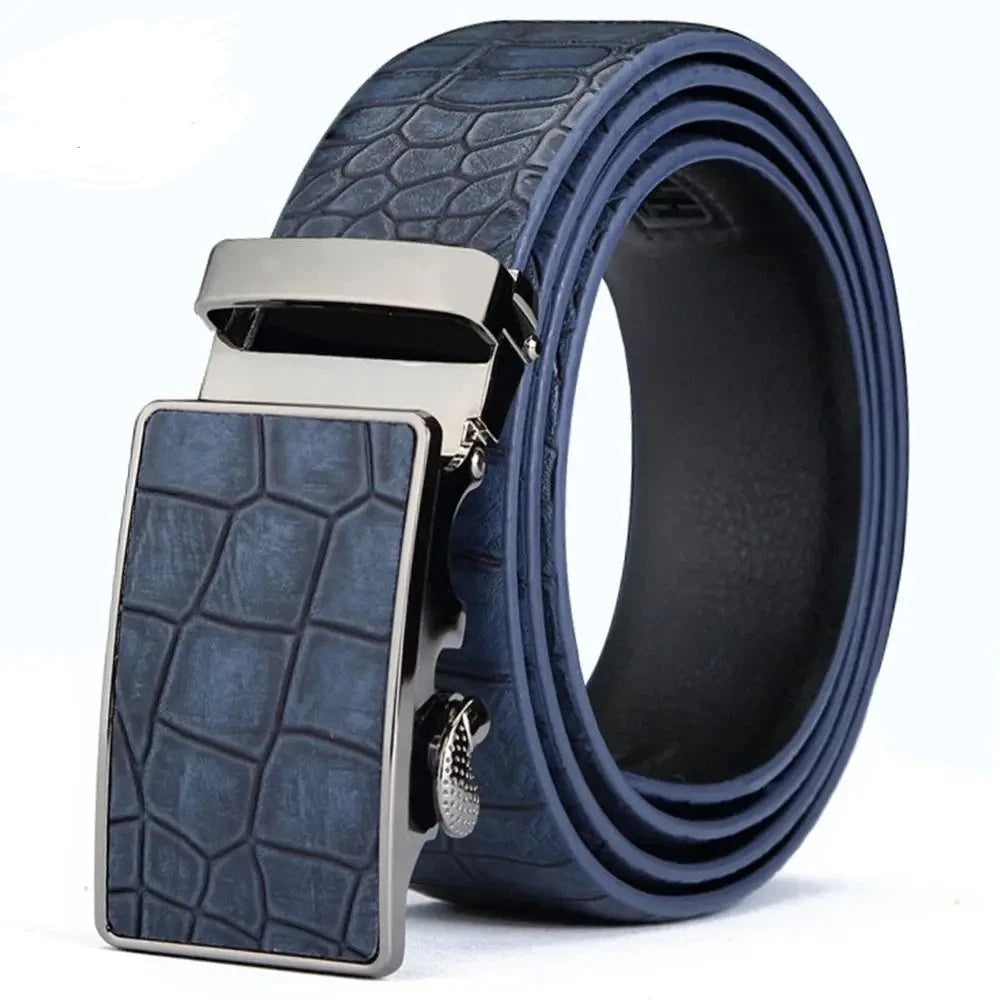 CUKUP Men's Leather Cover Automatic Buckle Metal Belts Quality Crocodile Stripes Blue Cow Skin Accessories Belt for Men NCK133  Amaijoin