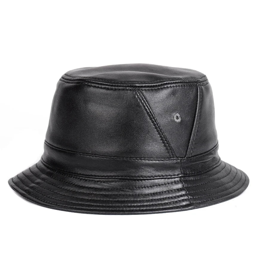 NEW RY995 Man Real Leather Fitted Flat Bucket Hats Male Outdoor Potted Short Brim Black/Brown Hip Pop Gorras Elderly Fishing Cap  Amaijoin