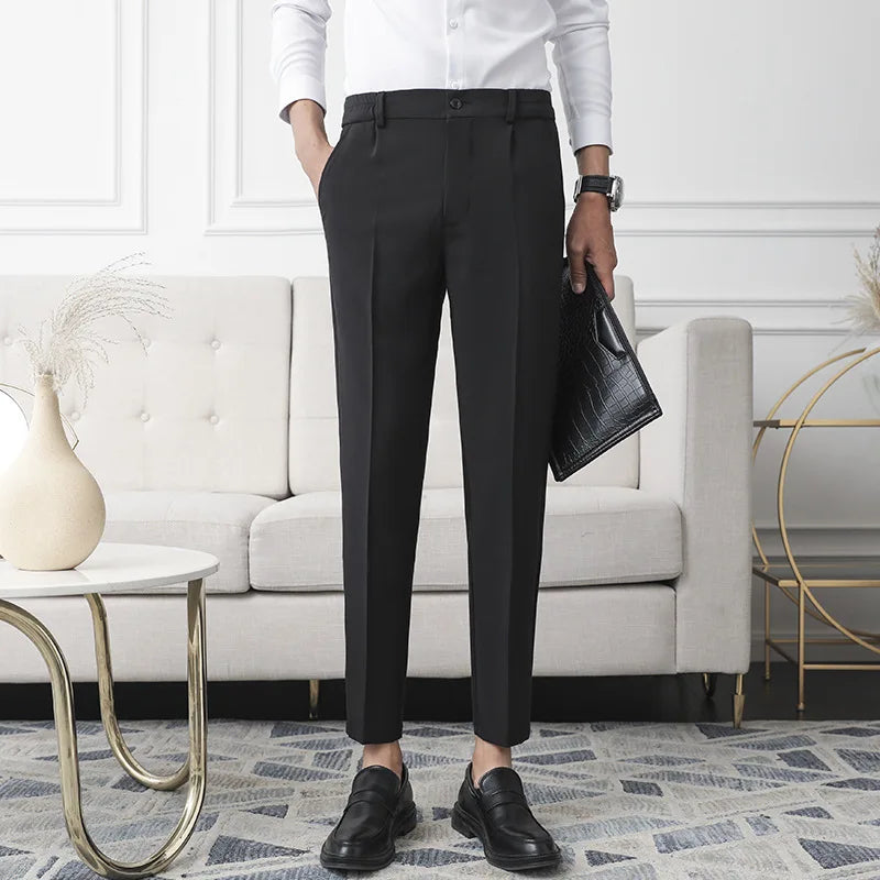 New Men Non-iron fabric Dress Pants Slim Straight Black Apricot Dark Gray Casual Suit Pants Male Business Little Feet Suit pants  Amaijoin