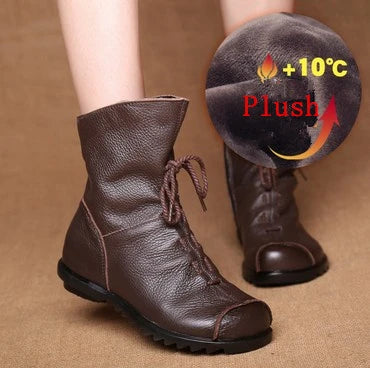 JIANBUDAN/ Genuine Leather Plush women's short Boots Retro Casual Autumn Winter Women's Boots Waterproof leather warm Snow boots  Amaijoin