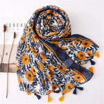 Carregue a imagem no visualizador da Galeria, 2021 Newest Flower Printed Scarf Hijabs Tassels Women Shawls Cotton Muslim Head Wraps Large Size Fashion Head Scarves 1PC Retail  Amaijoin
