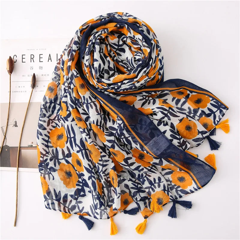 2021 Newest Flower Printed Scarf Hijabs Tassels Women Shawls Cotton Muslim Head Wraps Large Size Fashion Head Scarves 1PC Retail  Amaijoin