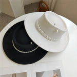 Carregue a imagem no visualizador da Galeria, Women&#39;s Pearl Chain Fedora High Fashion with Pearl Pins Bump Cap Black White Autumen Winter Ladies Fedoras Wide Brim Girl Hat  Amaijoin
