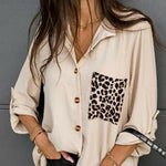 Carregue a imagem no visualizador da Galeria, Women Casual Streetwear Summer Shirt Leopard Patch Pocket Loose Casual Ladies Long Sleeve Button Placket Tops for Work  Amaijoin
