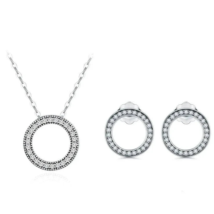 Modian Classic Circle Sparkling CZ Stud Earrings 925 Sterling Silver Heart Romanti Jewelry Sets For Women Fine Necklace Pendant  Amaijoin