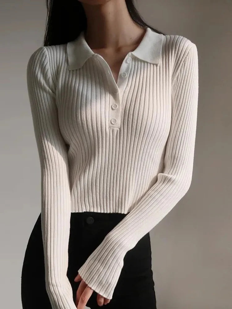 Korean Fashion Buttons Cropped Knitted Polo Shirt Sweater Women Autumn Fashion Elegant Long Sleeve Tops Ladies Knitwear Femme  Amaijoin