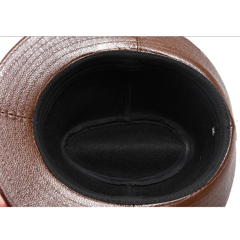 New 2024 Man High Quality Genuine Leather Cowhide Fedora Gentleman Cow Skin Short Brim Black/Brown Top Hat Male Shows  Amaijoin