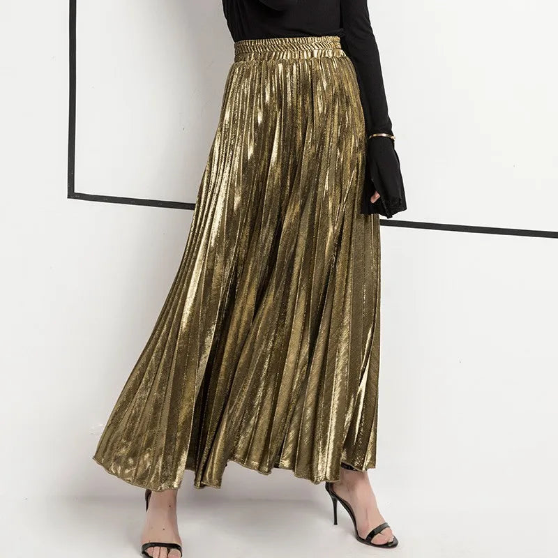 2022 Spring Metal Color Pleated Maxi Skirt Elastic High Waist Harajuku Large Swing Gold Long Skirts For Women XXL Saias SK275  Amaijoin