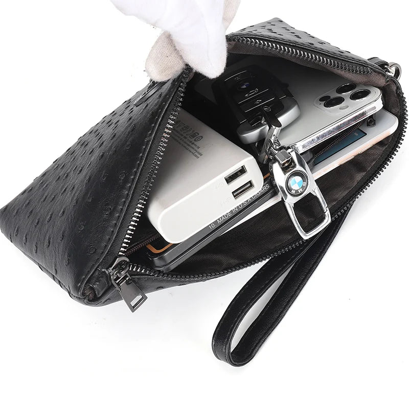 Soft Leather Ostrich Pattern Vintage Men Cardholder Case Male PU Leather Money Handbag High Quality Business Men Clutch Bag  Amaijoin