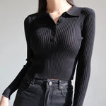 Carregue a imagem no visualizador da Galeria, Korean Fashion Buttons Cropped Knitted Polo Shirt Sweater Women Autumn Fashion Elegant Long Sleeve Tops Ladies Knitwear Femme  Amaijoin
