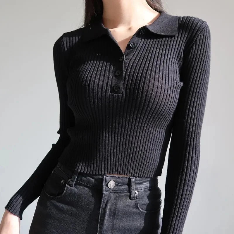 Korean Fashion Buttons Cropped Knitted Polo Shirt Sweater Women Autumn Fashion Elegant Long Sleeve Tops Ladies Knitwear Femme  Amaijoin