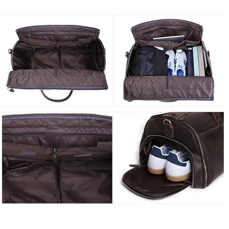 Crazy Horse Leather Folding Suit Bag Man Business Travel Bag With Shoe Pocket Clothes Cover Luggage Duffel Bag Man Bag For Suits  Amaijoin