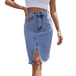 Carregue a imagem no visualizador da Galeria, Benuynffy Zipper Fly Raw Hem Split Denim Skirt Women Spring and Summer High Waist Jeans Skirt Female Casual Bodycon Midi Skirts  Amaijoin
