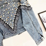 Carregue a imagem no visualizador da Galeria, 2024 New Mujer Spring Autumn Streetwear Denim Jacket Women Hand-studded Pearls Punk Tassel Veste Femme Loose Short Jeans Coats  Amaijoin
