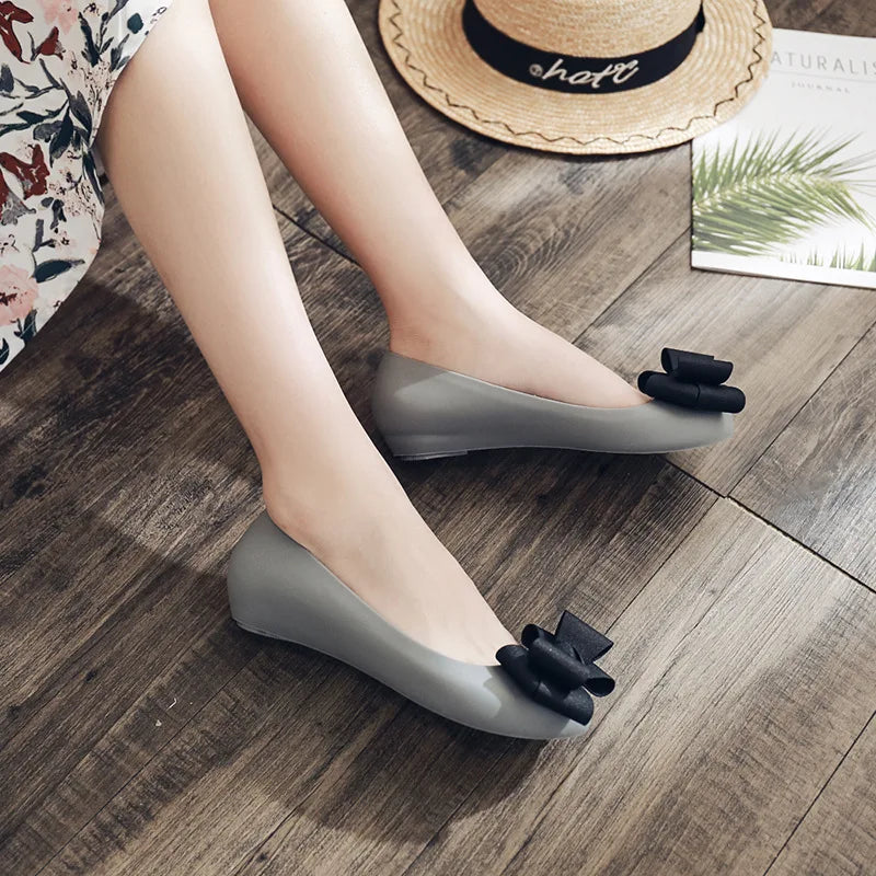 big bow-knot jelly shoes woman sexy peep toe summer flat shoes new designer waterproof jelly flats bow beach shoes for woman  Amaijoin