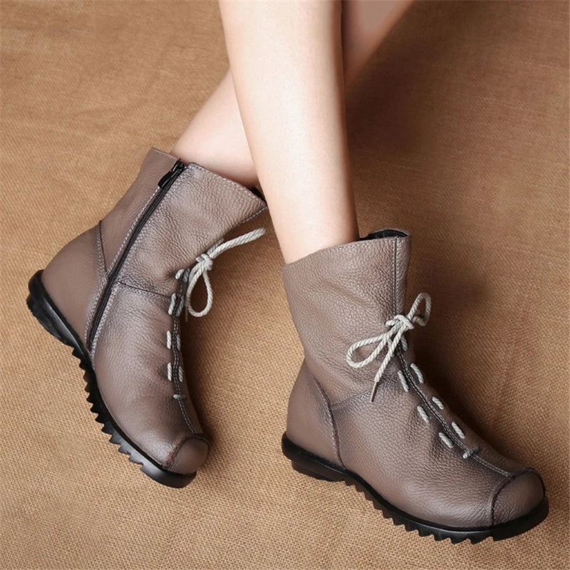 JIANBUDAN/ Genuine Leather Plush women's short Boots Retro Casual Autumn Winter Women's Boots Waterproof leather warm Snow boots  Amaijoin