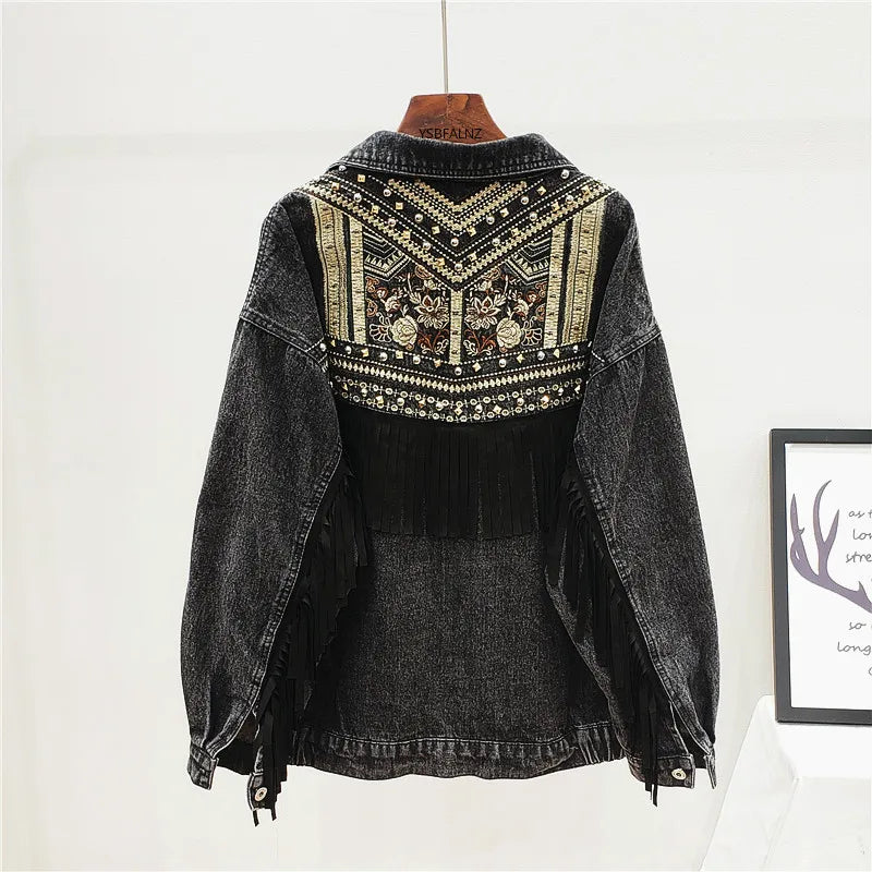 Denim Jacket Korean Floral Embroidery Suede Fringe Loose Chaquetas Mujer Coat Long Sleeve Outerwear Women Veste Femme  Amaijoin