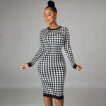 Carregue a imagem no visualizador da Galeria, Houndstooth Print Women Long Sleeve Midi Dress Hollow Out Bodycon Sexy Streetwear 2022 Autumn Winter Club Elegant Slim  Amaijoin
