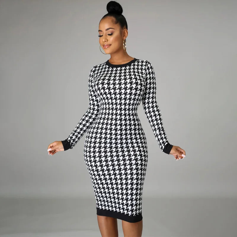 Houndstooth Print Women Long Sleeve Midi Dress Hollow Out Bodycon Sexy Streetwear 2022 Autumn Winter Club Elegant Slim  Amaijoin