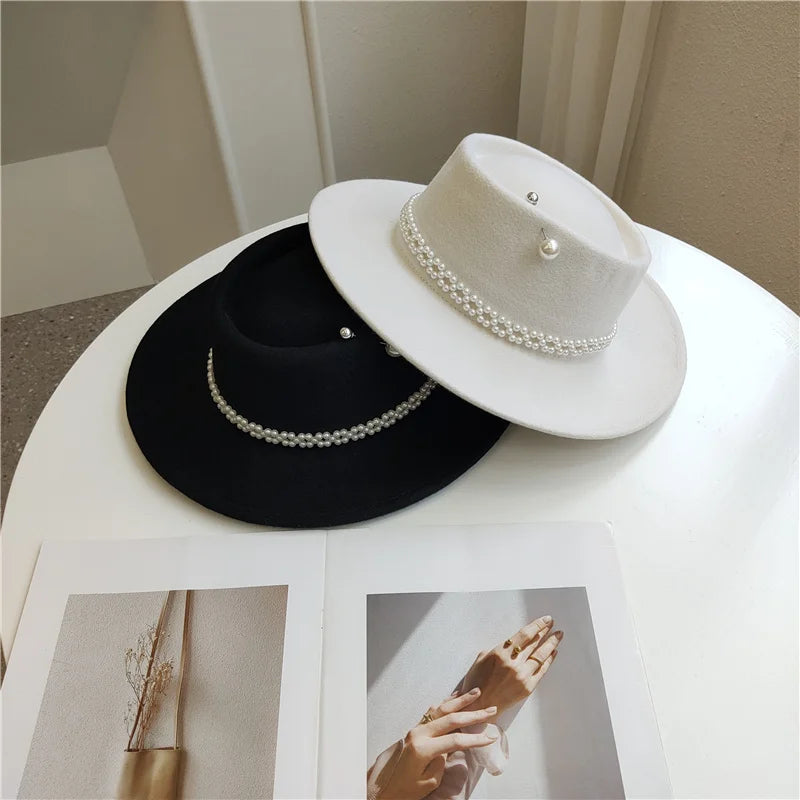 Women's Pearl Chain Fedora High Fashion with Pearl Pins Bump Cap Black White Autumen Winter Ladies Fedoras Wide Brim Girl Hat  Amaijoin