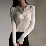 Carregue a imagem no visualizador da Galeria, Korean Fashion Buttons Cropped Knitted Polo Shirt Sweater Women Autumn Fashion Elegant Long Sleeve Tops Ladies Knitwear Femme  Amaijoin
