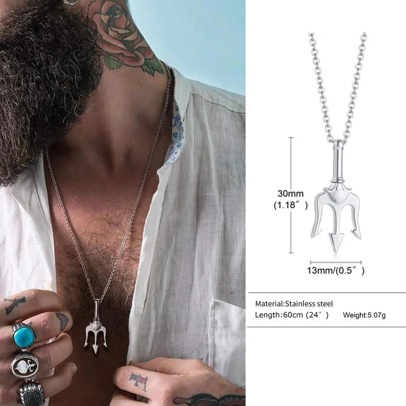 Necklace Man,Neptune Trident Pendant Necklace, Stainless Steel Men Statement Necklaces Sea Lover Gift  Amaijoin