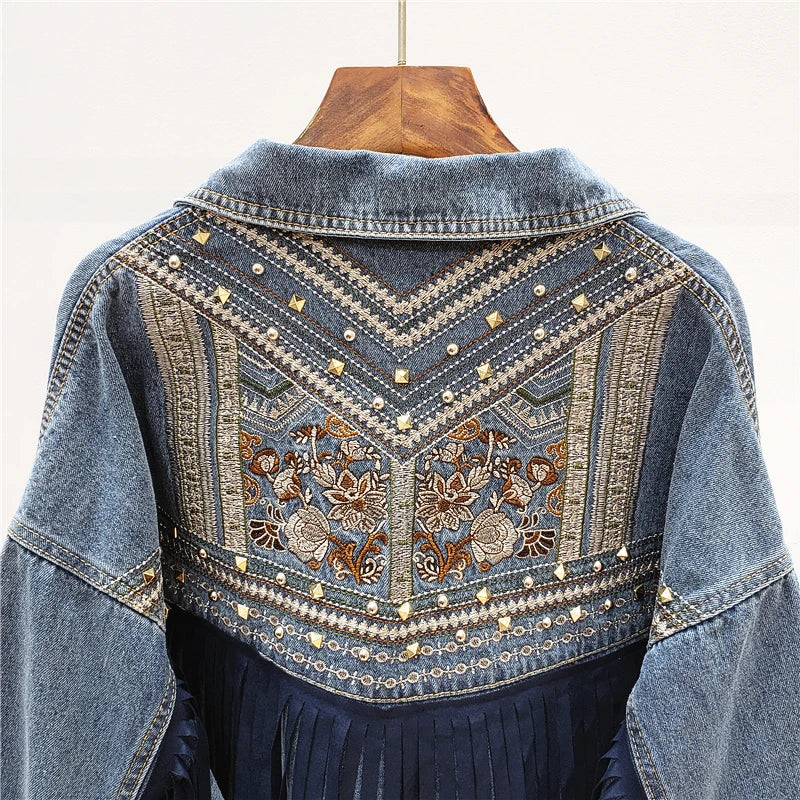 Denim Jacket Korean Floral Embroidery Suede Fringe Loose Chaquetas Mujer Coat Long Sleeve Outerwear Women Veste Femme  Amaijoin