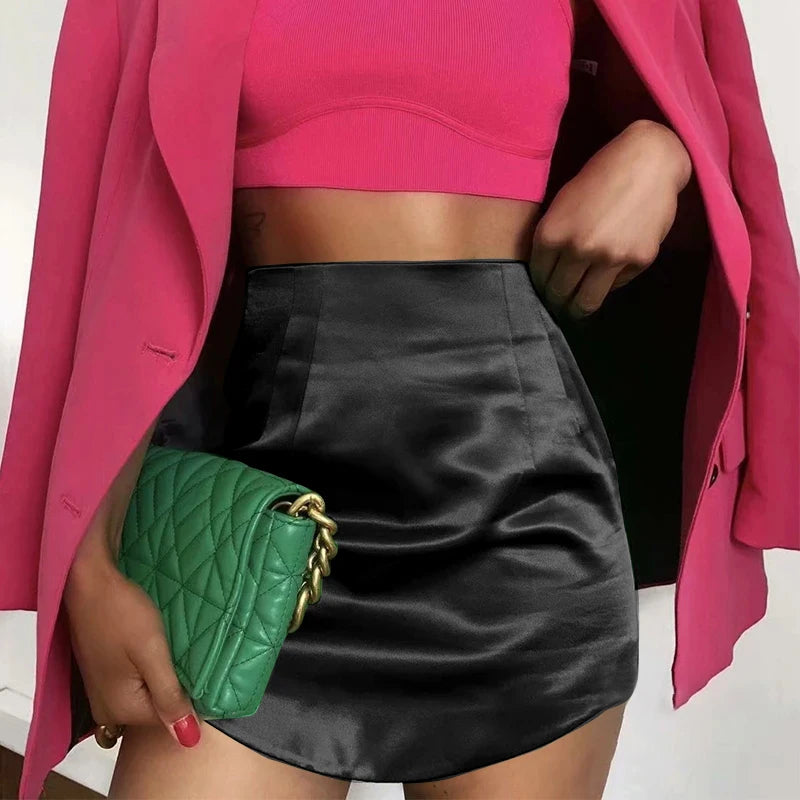 Slim Chic Elegant Women Mini Skirts Green Satin High Street Solid Side Zipper Sexy Bodycon Skirt Faldas Mujer  Amaijoin