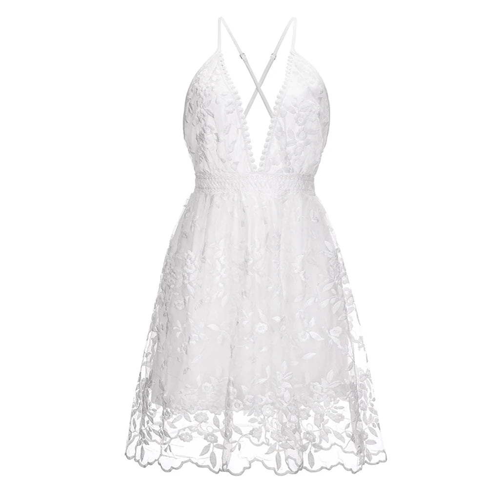 Summer Sundress White Floral Embroidery Mesh Lace Sexy Backless Beach Dress Clothes For Women 2022 New Arrival  Fashion  Amaijoin