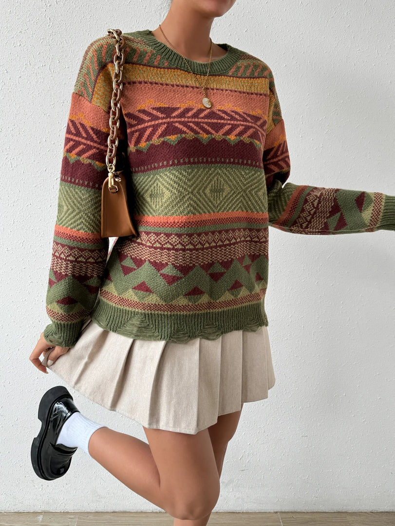 Tribal Pattern Crew Neck Pullover Sweater  Casual Ripped Long Sleeve Sweater  Women's Clothing  Amaijoin