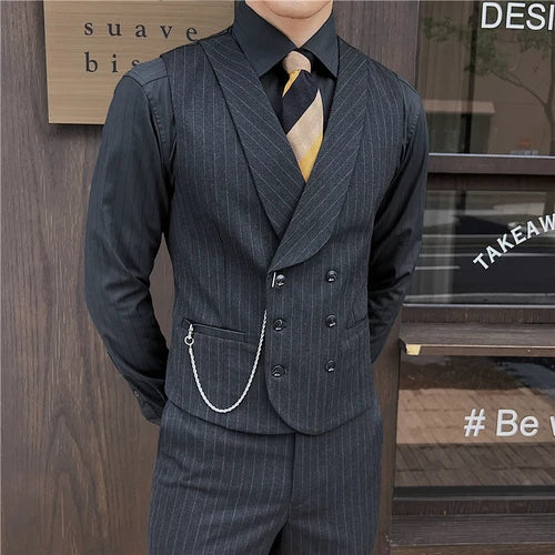 4XL-M Brand Clothing Men's Spring High Quality Business Suit Vest/Male Slim Fit Stripe Double-breasted Blazers Vest Men's Dress  Amaijoin