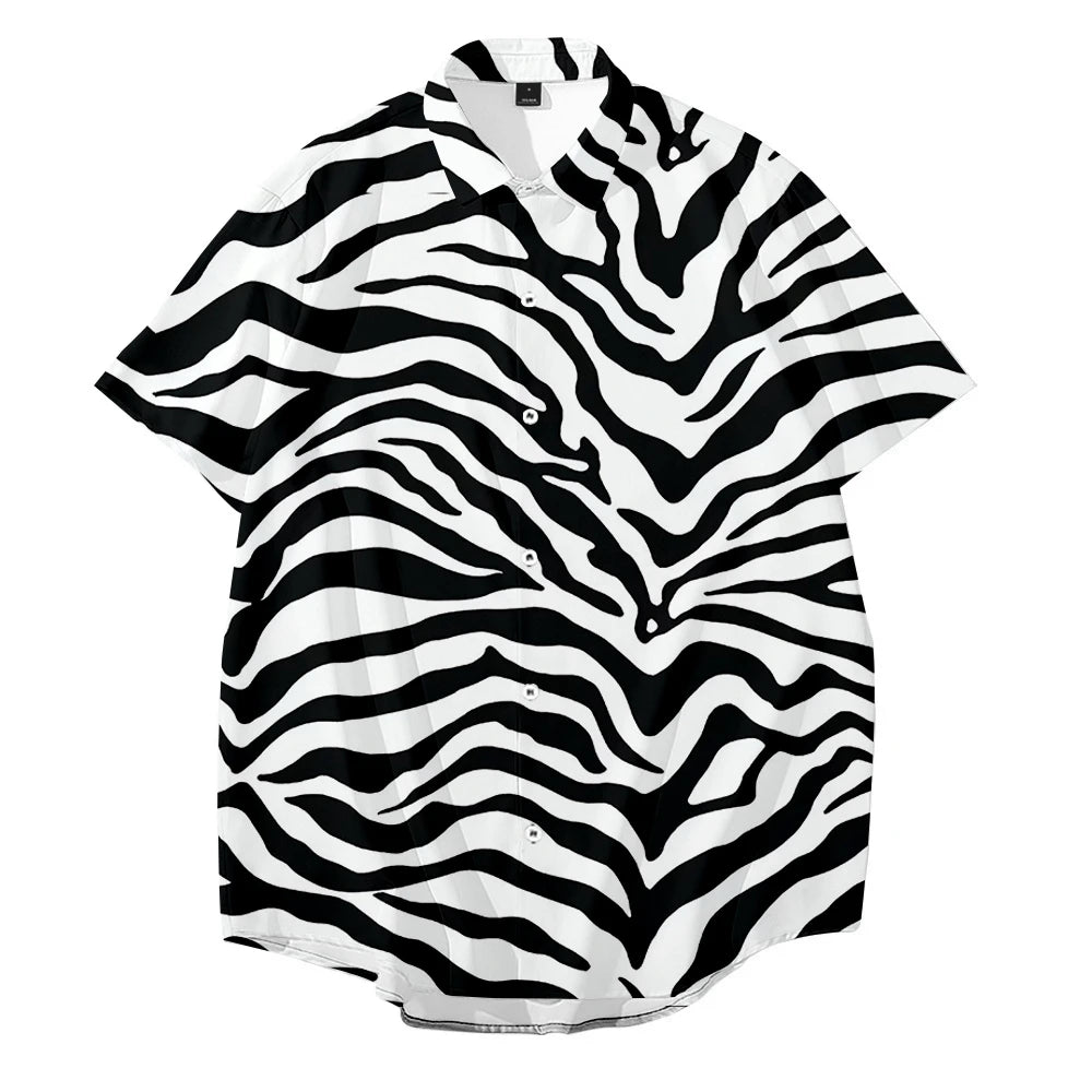 2022 Oversized Zebra Leopard Shirt Men's Lapel Button Short Sleeve Casual Loose Fashion Hawaiian Vacation Street Shirt  Amaijoin