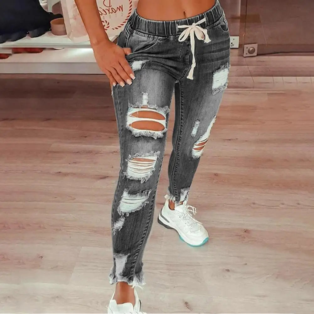 Popular Pencil Jeans Streetwear Women Jeans Slim Slim-fitting All Match Denim Pants  Elastic Waist  Amaijoin