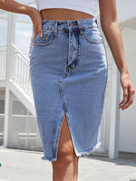 Carregue a imagem no visualizador da Galeria, Benuynffy Zipper Fly Raw Hem Split Denim Skirt Women Spring and Summer High Waist Jeans Skirt Female Casual Bodycon Midi Skirts  Amaijoin
