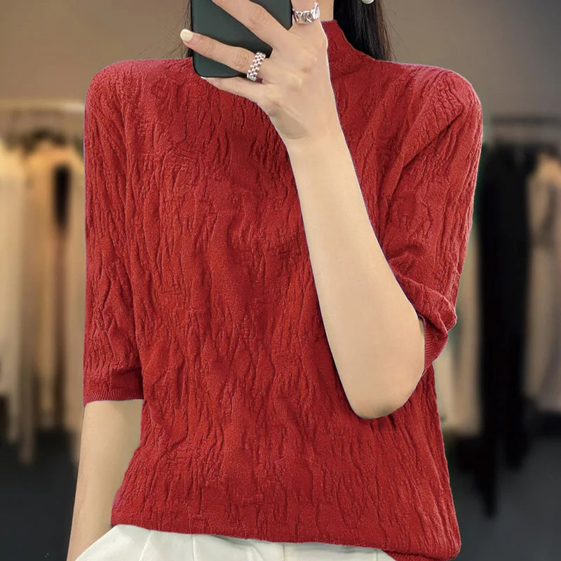 Spring and Summer2023 New Women's Half-high collar Short-Sleeved Exquisite Cashmere Sweater Pullover  Amaijoin