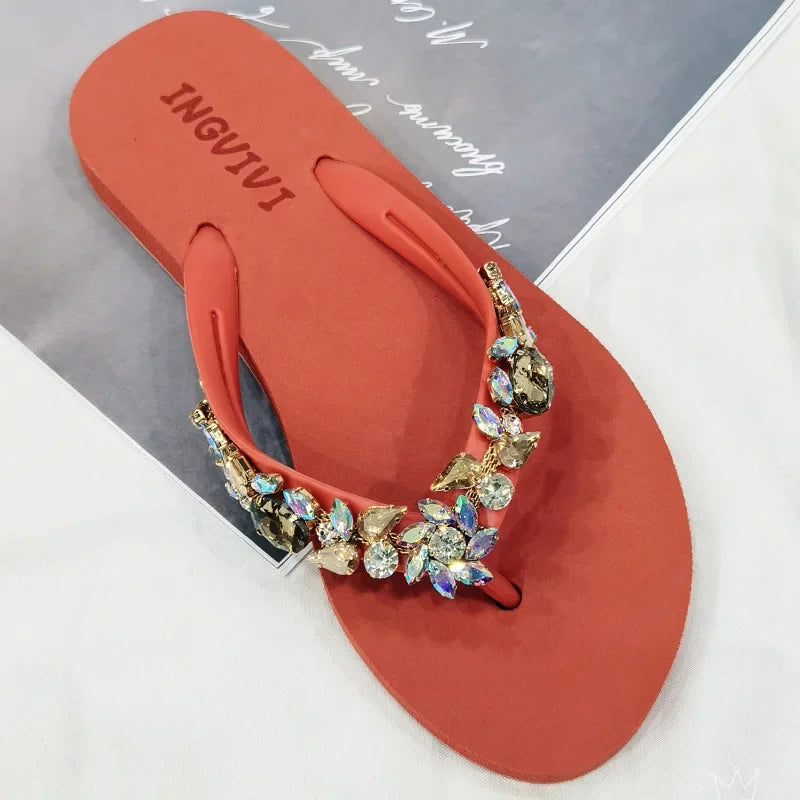 Slippers Women Glitter Flip Flops  Summer 2023 Fashion Outdoor Rhinestone Chain Wedge Beach Slippers Jelly Hawaiian Flat Sandals  Amaijoin