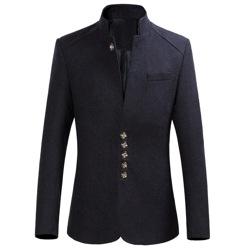 2023 Fashion New Men's Casual Stand Collar Tunic Suit Jacket / Men's Slim Fit Business Wool Blazers Coat  Amaijoin