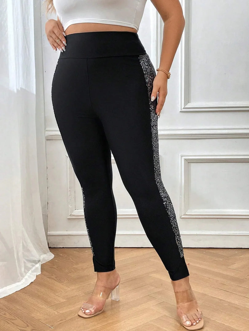 Women's Plus Size Sequin Side Seam Slit Hem Leggings Casual Fashion Pants Women's Comfortable Leggings  Amaijoin