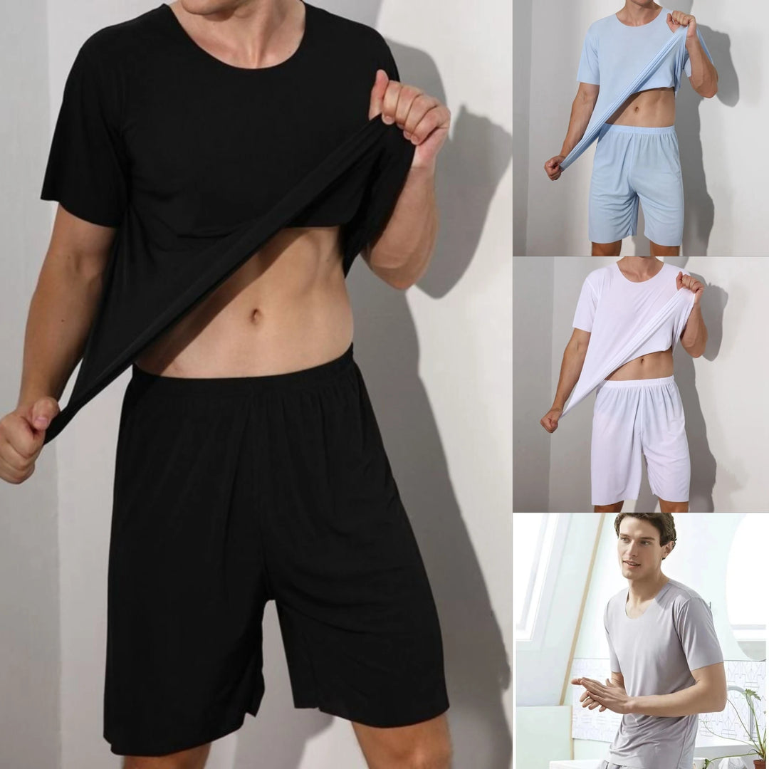 Men's Two-Piece Ice Silk Pajamas Men's Summer Thin Modal Short-Sleeved Pajamas Homewear Men's Large Size Pajamas Homewear Set  Amaijoin