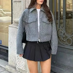 Carregue a imagem no visualizador da Galeria, TRAF 2024 Women&#39;s Cropped Jacket Vinatge Grey OuterwearLong Sleeve With Pocket Zipper Faux Fur Coat Fashion Women&#39;s Clothing  Amaijoin
