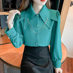 Carregue a imagem no visualizador da Galeria, Doll Pointed Neck Turn Down Collar Bubble Long Sleeve Loose Top Chain Casual Shirt And Blouses OL Woman French Elegant 2024Trend  Amaijoin
