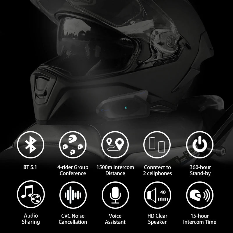 NOECI GoCom4 Motorcycle Intercom Bluetooth Headset For 4 Riders Group  1500m Full-duplex Interphone IP65 Music Sharing+ FM  Amaijoin