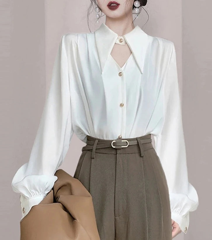 Zoki Sexy Hollow Out Women Satin Shirt Elegant Long Sleeve Casual Office Lady Blouse Korean Fashion All Match Loose White Tops  Amaijoin